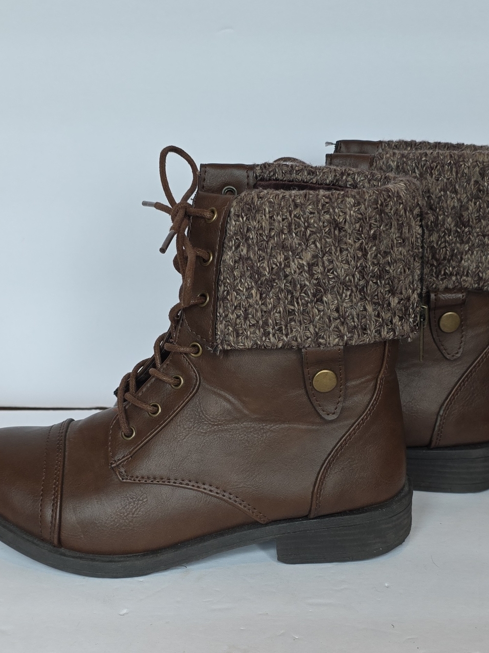 Charlotte Russe Brown Lace-Up Ankle Boots with Knit Cuff 6
